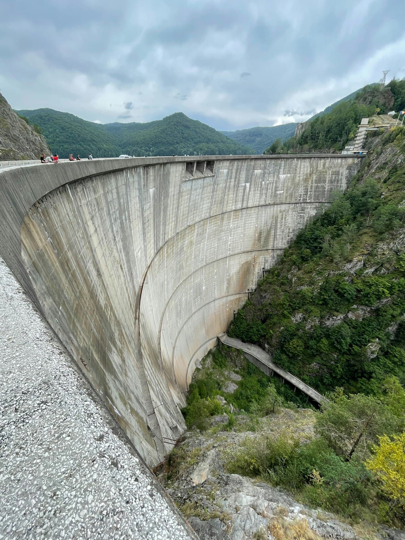 Yeşil vadide kavisli beton baraj gövdesi